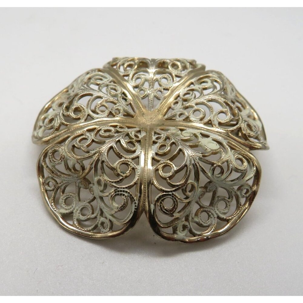 Vintage Flower Brooch 2" White‎ Washed Filigree Gold Tone Metal Domed Petals